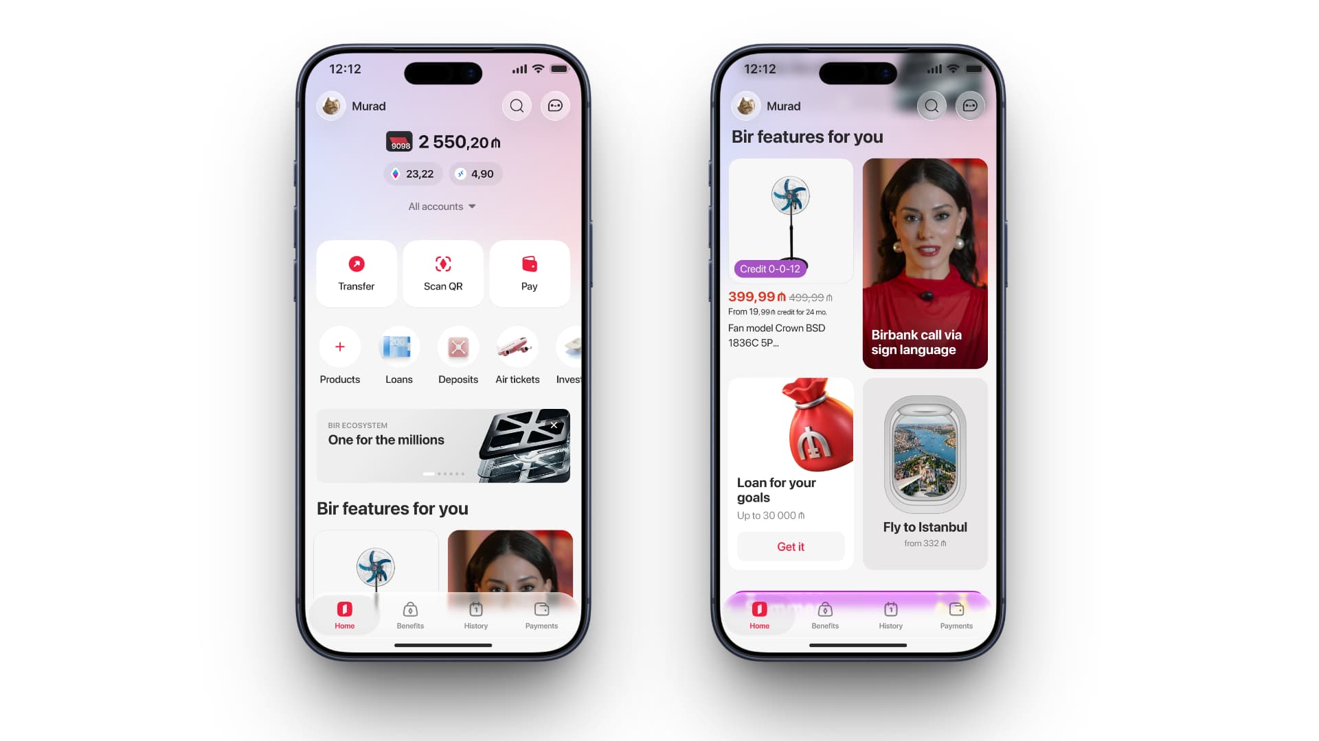 The same screen signed in, and scrolled. Left: the Sign up chip is now an avatar and a name, a balance of 2 550,20 ₼ with bonus counters and an account switcher occupy the space the welcome chooser held, and Transfer / Scan QR / Pay sit above the same service row, the same ecosystem banner and the same tab bar. Right: scrolled down to a “Bir features for you” grid of banners — a fan on instalments, a sign-language video, a loan offer and a flight to Istanbul.