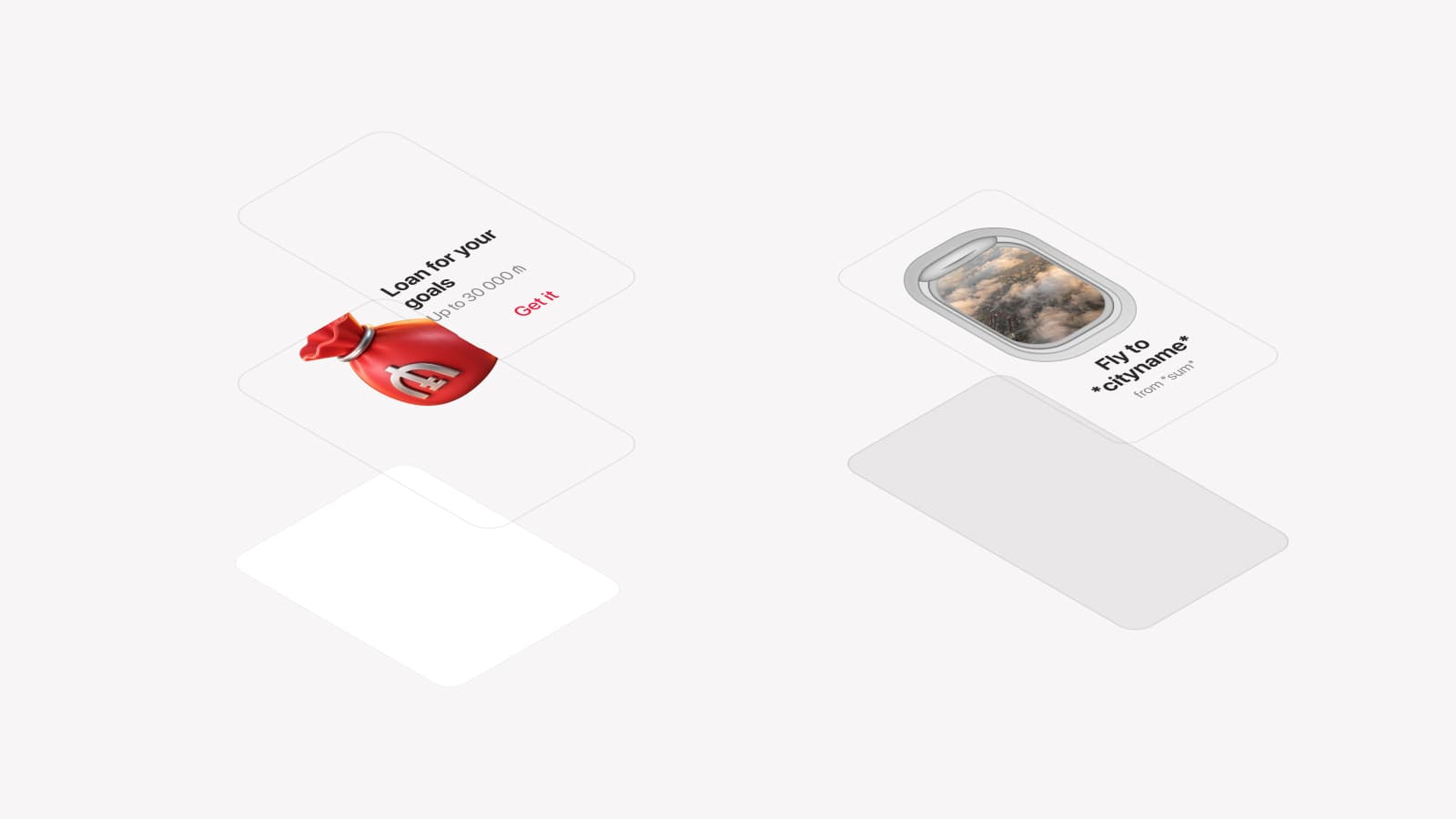 Two banners drawn as exploded isometric stacks: a Product banner for “Loan for your goals — up to 30 000 ₼” with a Get it button, and a Travel banner reading “Fly to *cityname* from *sum*”. Each separates into a background plate, an illustration or photograph layer, and a text layer above it.