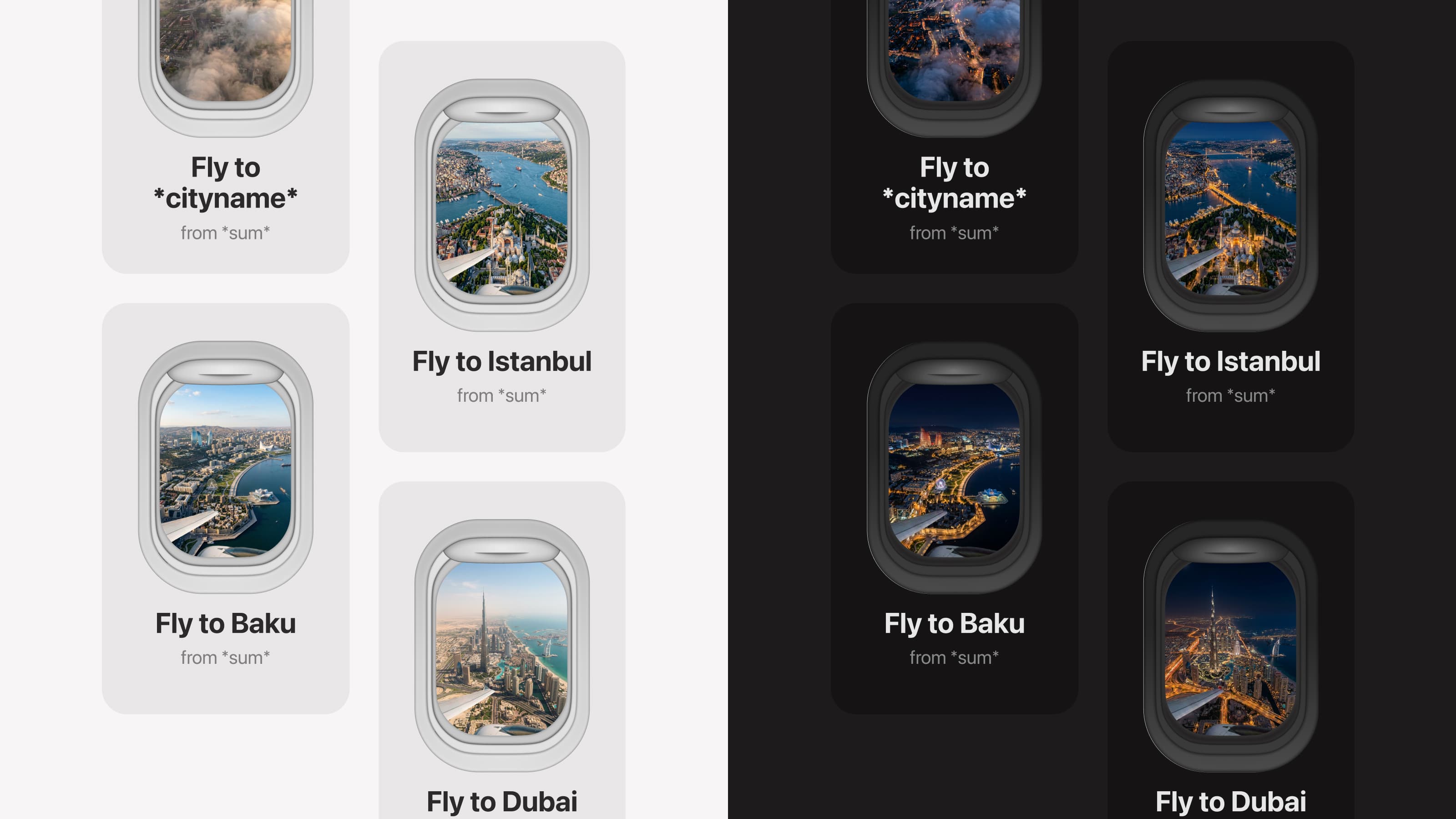 The Travel banner documented in light and dark side by side, each showing a placeholder “Fly to *cityname* from *sum*” alongside real destinations — Istanbul, Baku and Dubai — photographed through an aircraft window. In the dark theme the daytime photographs are swapped for night views of the same cities.