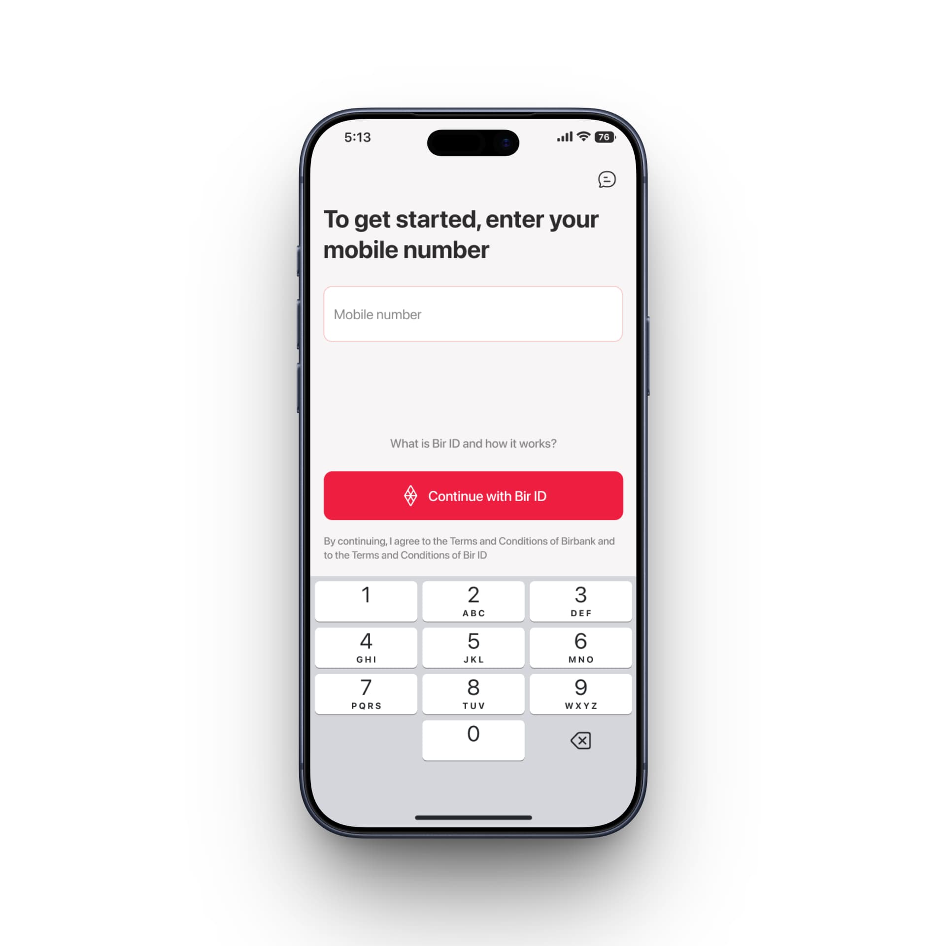 The old first screen: a heading reading “To get started, enter your mobile number”, one input, a Continue with Bir ID button and a numeric keypad. Nothing else on the screen, and nothing else reachable.