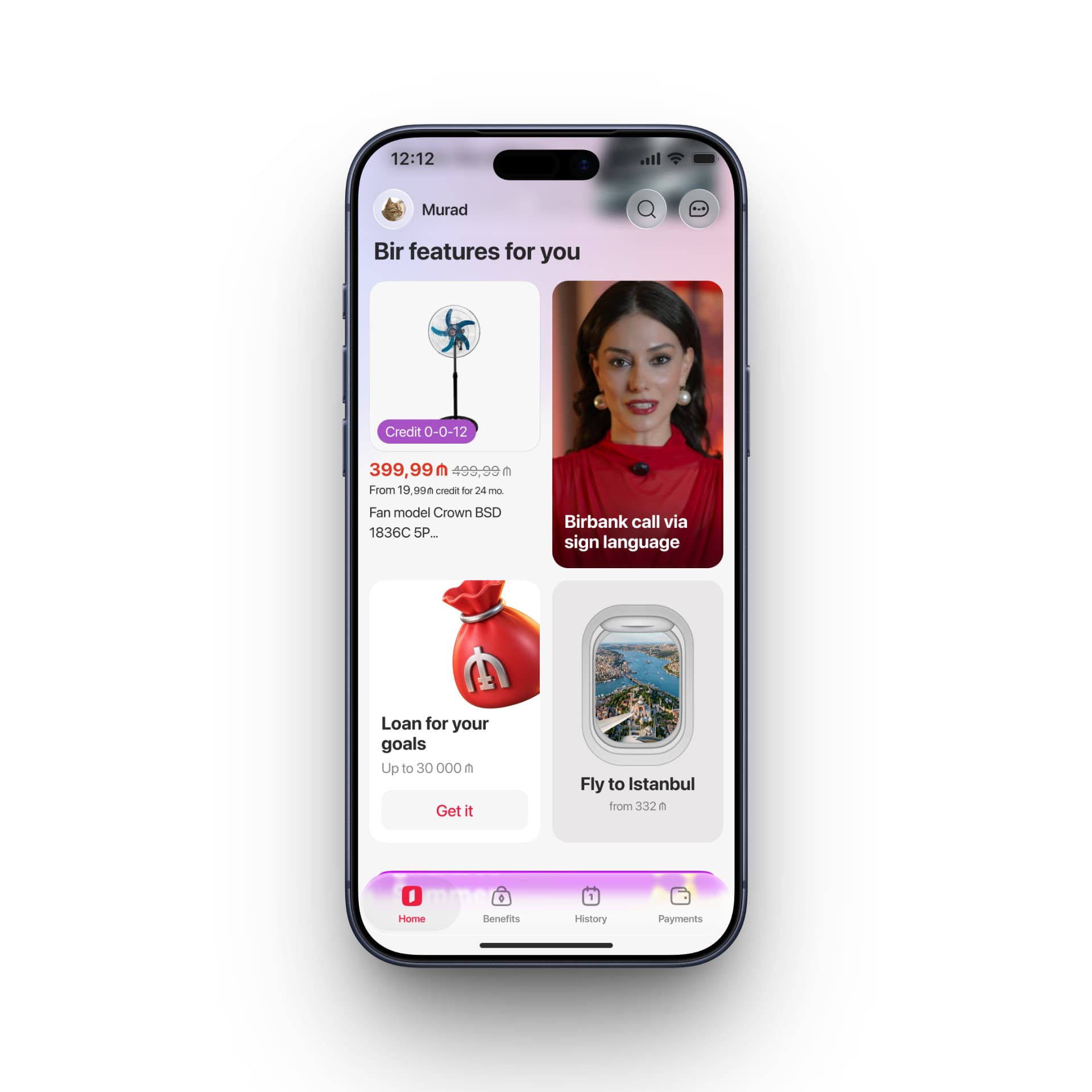 The signed-in home scrolled to the feed: a “Bir features for you” heading over a two-column grid of banners — a commerce card for a fan with a Credit 0-0-12 chip and an instalment price, a full-bleed video card for Birbank call via sign language, a product banner for “Loan for your goals” with a Get it button, and a grey travel card reading “Fly to Istanbul, from 332 ₼”.