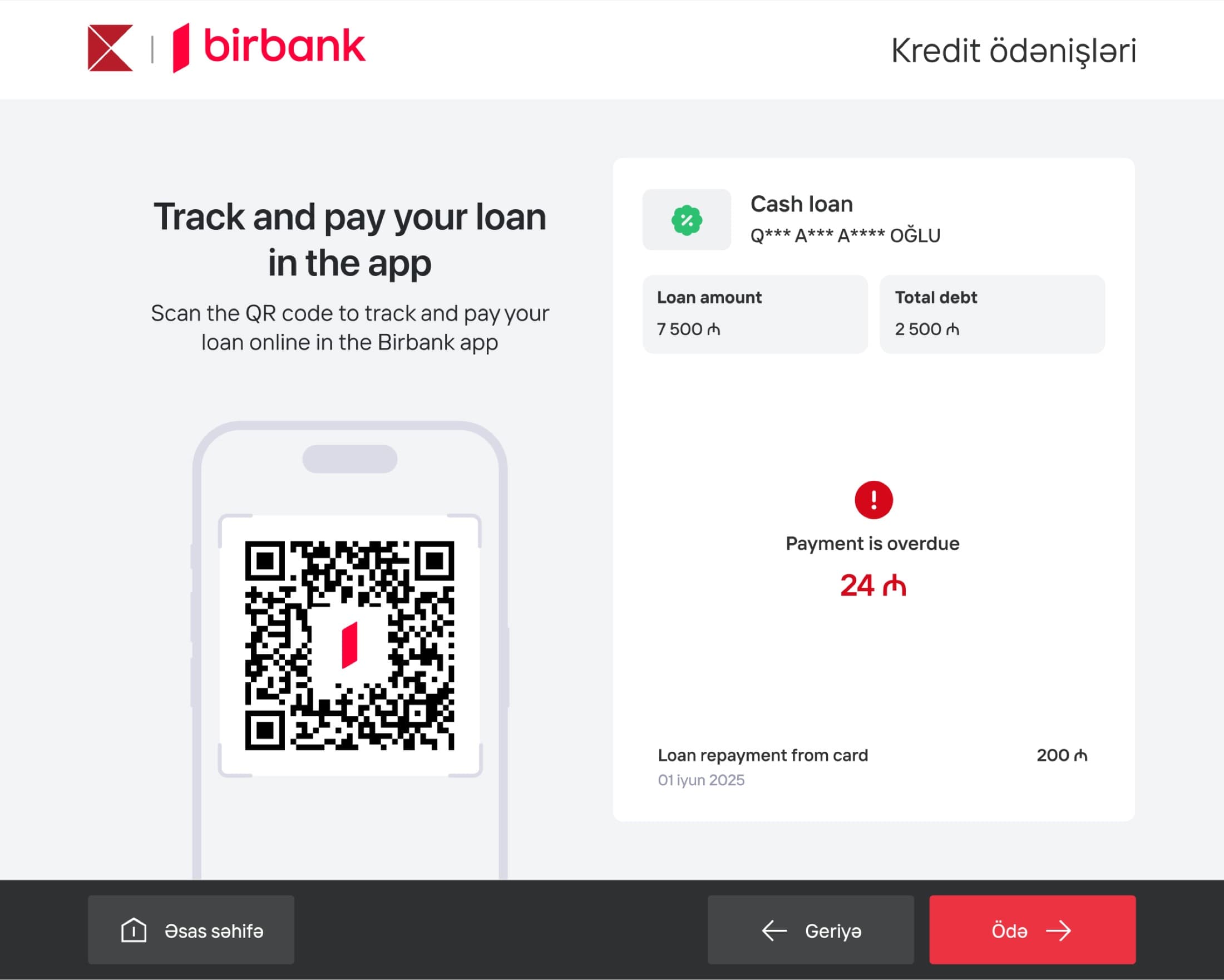 Redesigned terminal screen with a red overdue payment status for a cash loan
