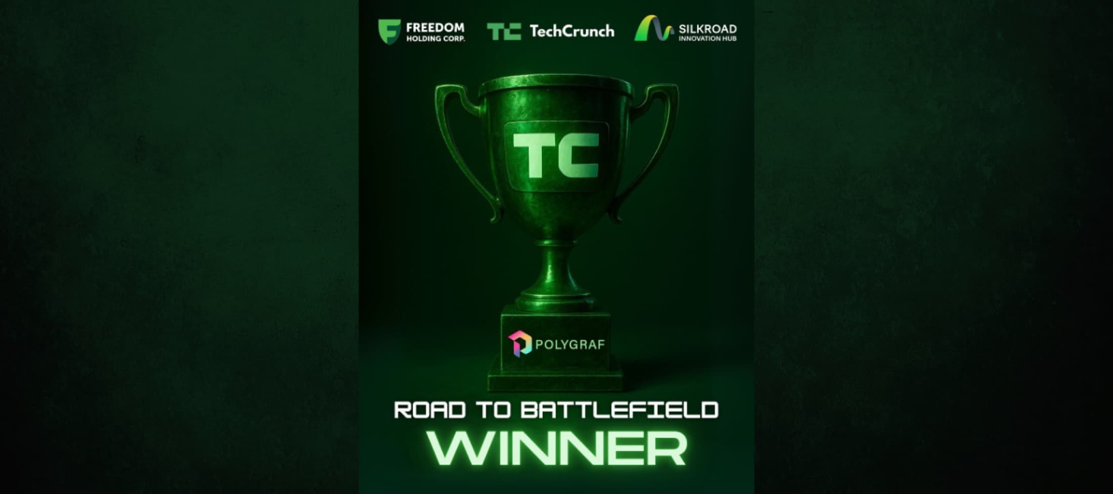 TechCrunch Road to Battlefield winner card featuring a trophy and Polygraf logo
