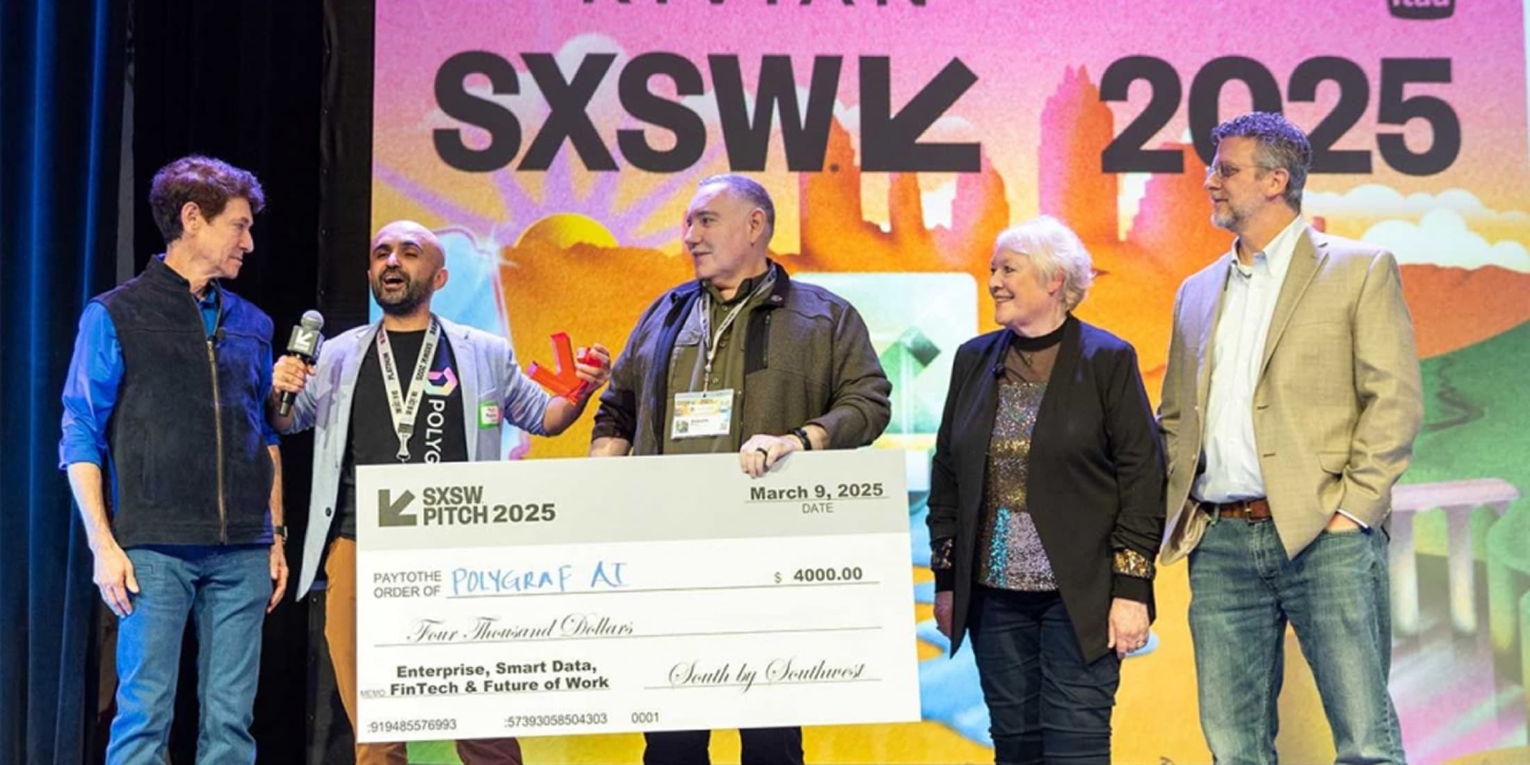 Polygraf AI team accepting an oversized SXSW Pitch 2025 award cheque on stage